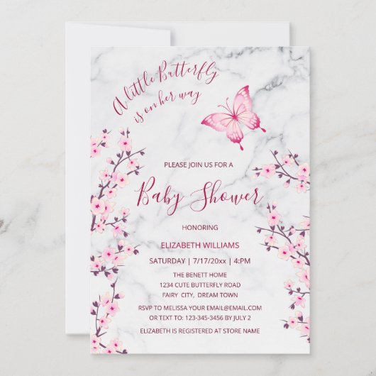 Invitation Papillon en marbre rose gris | Baby shower fille (Devant)