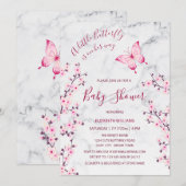 Invitation Papillon en marbre rose gris | Baby shower fille (Devant / Derrière)