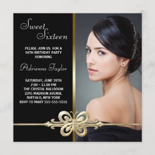 Invitation Papillon en or noir Photo Sweet Sixteen Anniversai