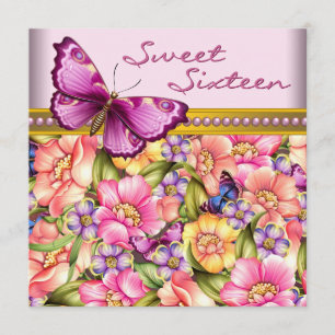 Invitation Papillon en or rose Anniversaire 16 ans Sweet 16