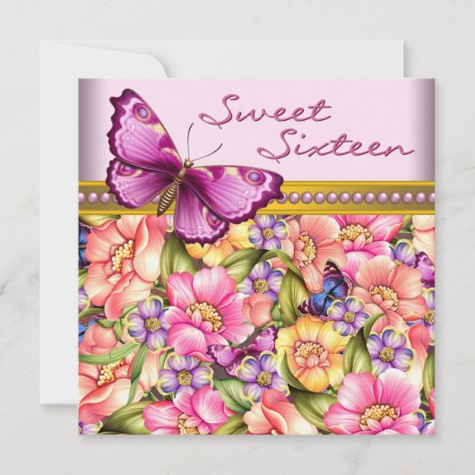 Invitation Papillon en or rose Fête d'anniversaire Sweet 16 (Devant)