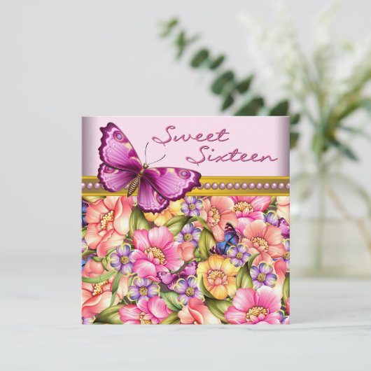Invitation Papillon en or rose Joyeux 16e anniversaire (Debout devant)