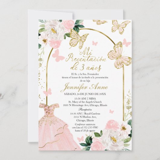 Invitation Papillon espagnol fille Mi Presentación de 3 Años (Devant)