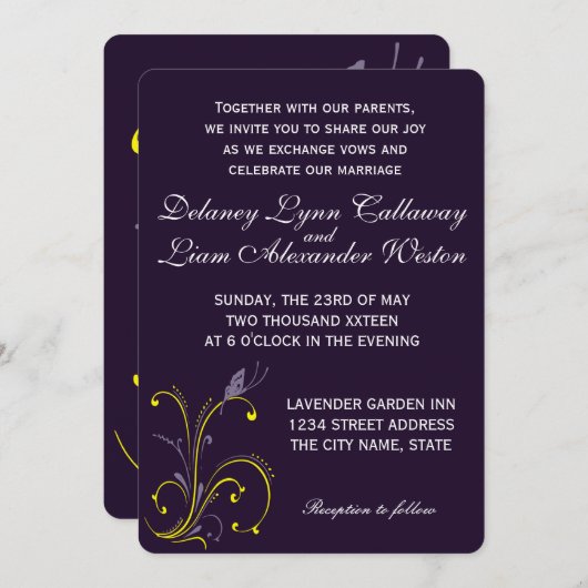 Invitation Papillon et Mariage floral pourpre et jaune (Devant / Derrière)