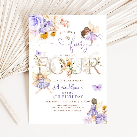 Invitation Papillon Fée Violet Magique Floral 4e anniversaire