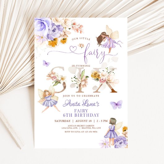 Invitation Papillon Fée Violet Magique Floral 6e anniversaire