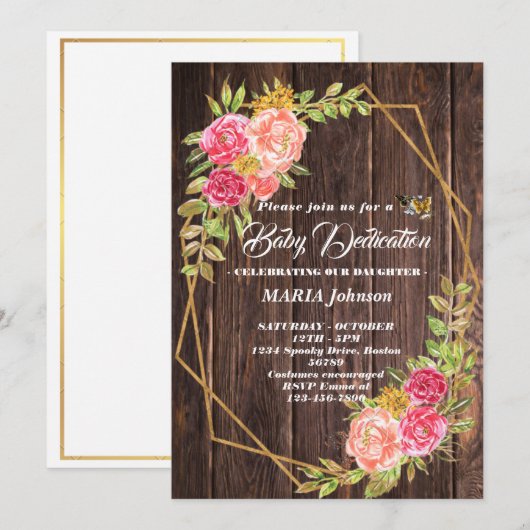 Invitation Papillon Féminin Aquarelle Florale Baptême Bébé (Devant / Derrière)