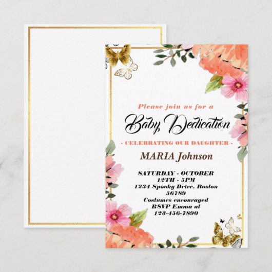 Invitation Papillon féminin aquarelle florale bébé dédicace (Devant / Derrière)