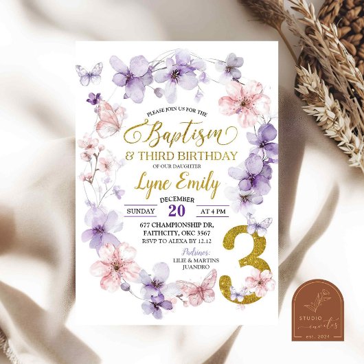 Invitation Papillon Fleur de Cerisier Rose Baptême 3ème Anniv