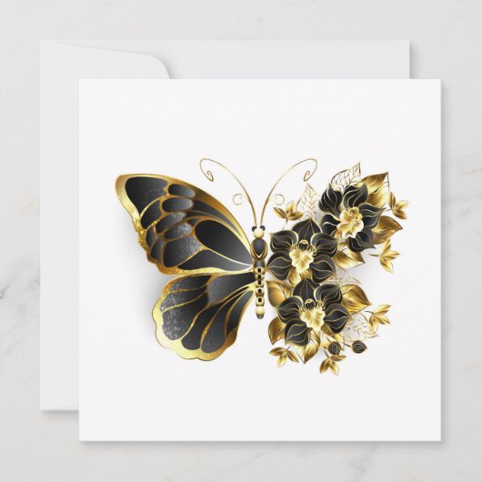 Invitation Papillon Fleur d'Or avec Orchidée Noire (Devant)