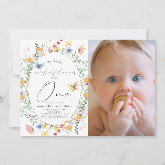 Invitation Papillon fleur sauvage Oval 1er Anniversaire Photo (Devant)