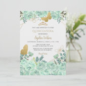 Invitation Papillon floral à la menthe Quinceañera Quince (Debout devant)