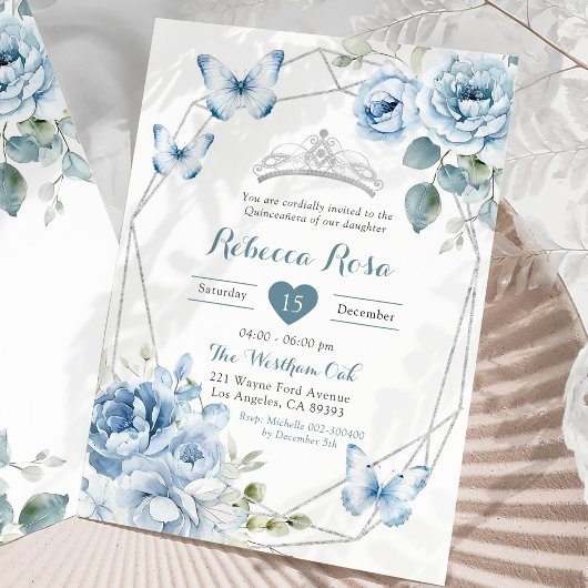 Invitation Papillon floral bleu Dusty Quinceañera