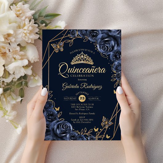Invitation Papillon floral bleu or Quinceanera Navy