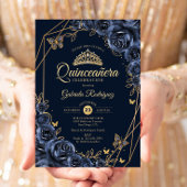 Invitation Papillon floral bleu or Quinceanera Navy