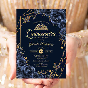 Invitation Papillon floral bleu or Quinceanera Navy