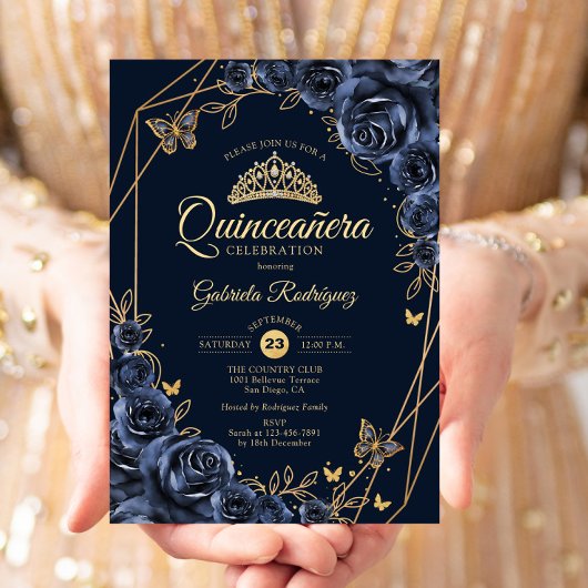 Invitation Papillon floral bleu or Quinceanera Navy