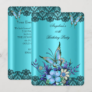 Invitation Papillon floral bleu sarcelle noir dentelle annive
