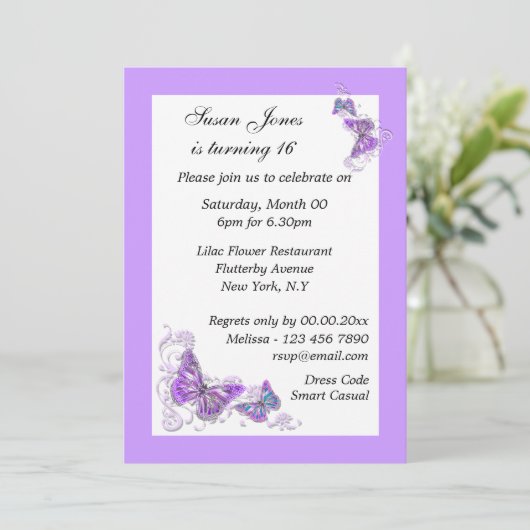Invitation Papillon floral bleu violet PERSONALISER (Debout devant)