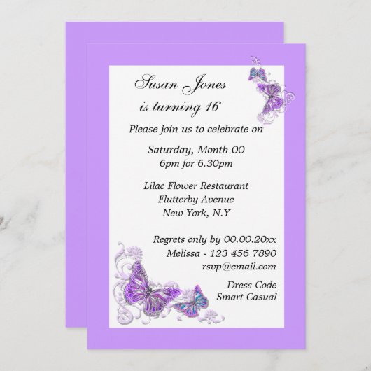 Invitation Papillon floral bleu violet PERSONALISER (Devant / Derrière)