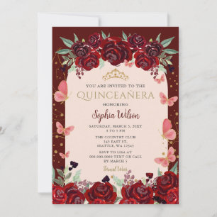 Invitation Papillon floral de Bourgogne Quinceañera Quince