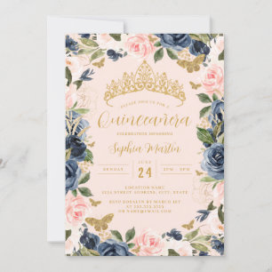 Invitation Papillon floral de la marine rose or photo Quincea