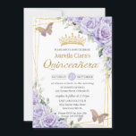 Invitation Papillon floral de lavande violette Quinceanera or<br><div class="desc">Cette chic invitation Quinceañera présente un cadre géométrique en parties scintillant dorée orné d'une délicate aquarelle lavande violet fleurie, une douce verdure et des papillons violets et or. Personnalisez-le avec vos détails facilement et rapidement, appuyez simplement sur le bouton customiser pour réorganiser et formater le style et le placement du...</div>