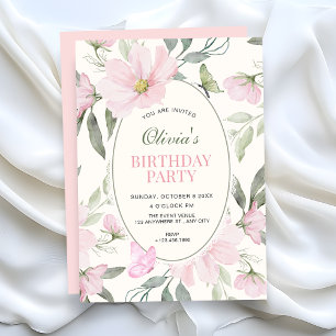 Invitation Papillon floral doux rose anniversaire