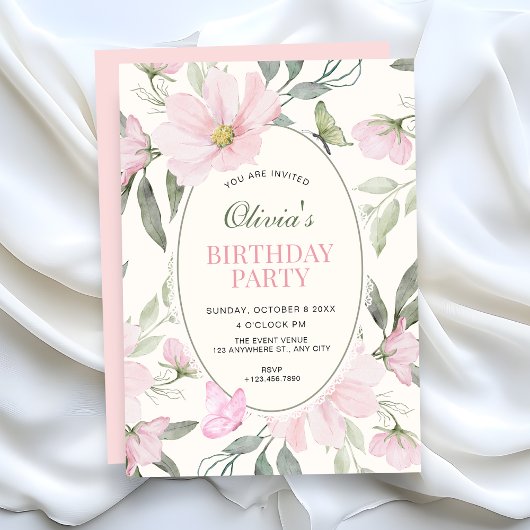 Invitation Papillon floral doux rose anniversaire