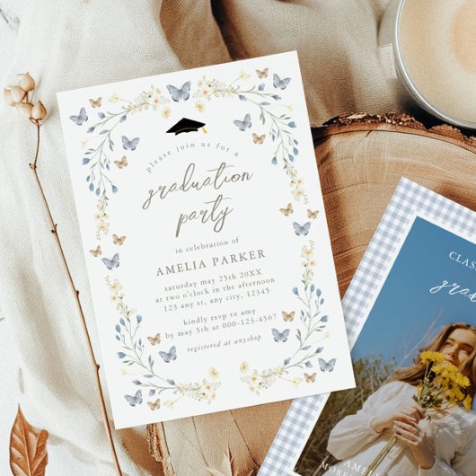 Invitation Papillon floral Dusty Blue Photo Graduation