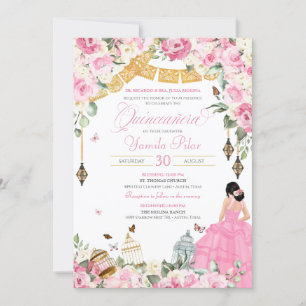 Invitation Papillon floral élégant rose blanc Quinceanera 1 
