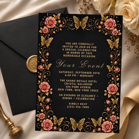 Invitation Papillon Floral Fête Or Noir
