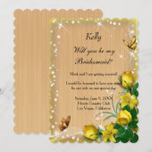 Invitation Papillon floral jaune rustique en bois (Devant / Derrière)