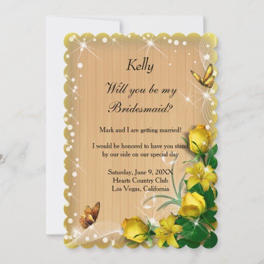 Invitation Papillon floral jaune rustique en bois (Devant)