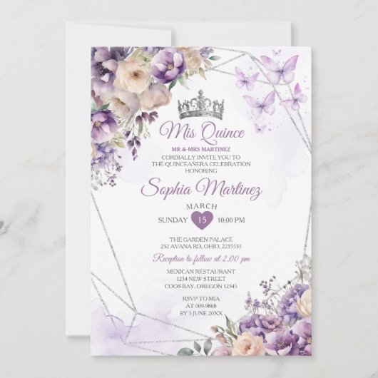 Invitation Papillon floral Lavande Purple Mis Quince (Devant)