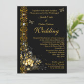 Invitation Papillon Floral Mariage noir or exotique (Debout devant)