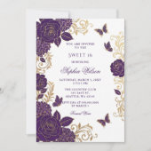 Invitation Papillon Floral Or Rose 16 Ans (Devant)