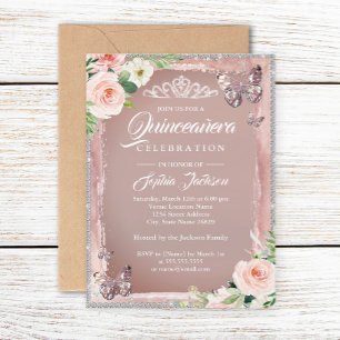 Invitation Papillon Floral Or Rose Gold Étincelle Quinceanera