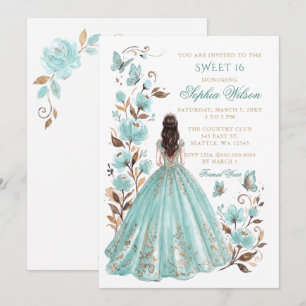 Invitation Papillon floral or turquoise Princesse Sweet 16