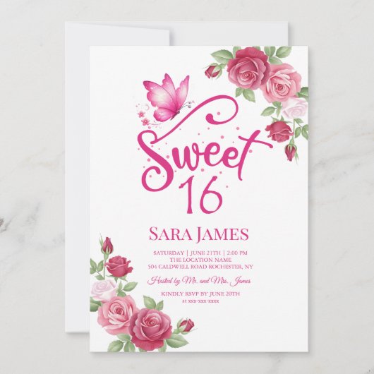 Invitation Papillon Floral pour les 16 ans (Devant)