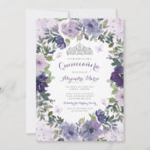 Invitation Papillon floral pourpre Argent Tiara Quinceanera (Devant)