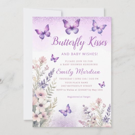 Invitation Papillon floral pourpre Baisers Baby shower fille (Devant)