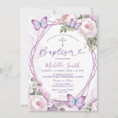 Invitation Papillon floral pourpre Dusty Girl Argent Baptême (Devant)