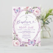 Invitation Papillon floral pourpre Dusty Girl Argent Baptême (Debout devant)