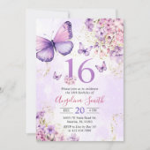 Invitation Papillon floral pourpre et or 16e anniversaire (Devant)