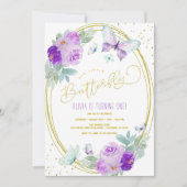 Invitation Papillon floral pourpre et or Anniversaire (Devant)