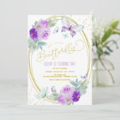 Invitation Papillon floral pourpre et or Anniversaire (Debout devant)