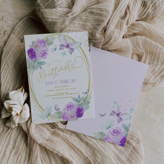 Invitation Papillon floral pourpre et or Anniversaire