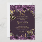 Invitation Papillon floral pourpre or Quinceañera (Devant)