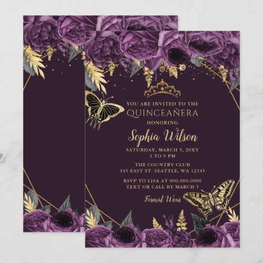 Invitation Papillon floral pourpre or Quinceañera (Devant / Derrière)